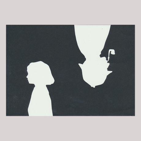 
        Silhouette, with on the left a girl looking left; on the right, a man looking right.